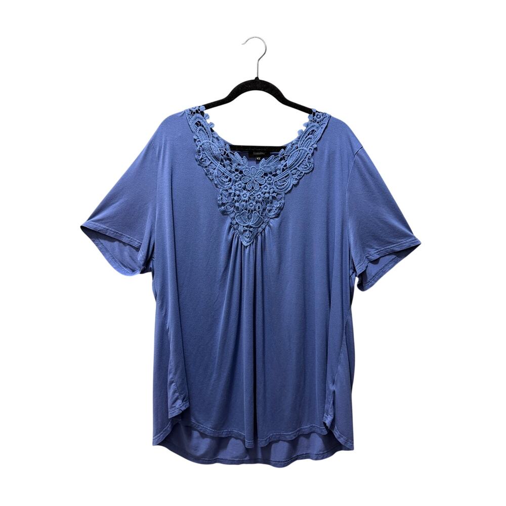Tralillbee Blouse Women’s Plus 4X Blue Lace Neckline Short Sleeve EUC Feminine